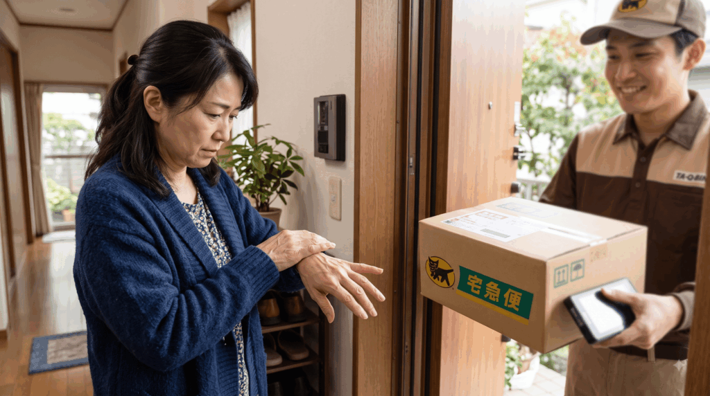 荷物を受け取る手元のシワに「老けたな」と落胆