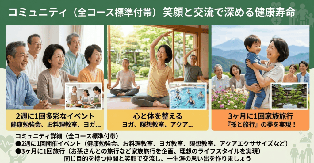 コミュニティでは、健康勉強会、ヨガ教室、旅行などを通じて、同じ目的をな持つ仲間と交流できます