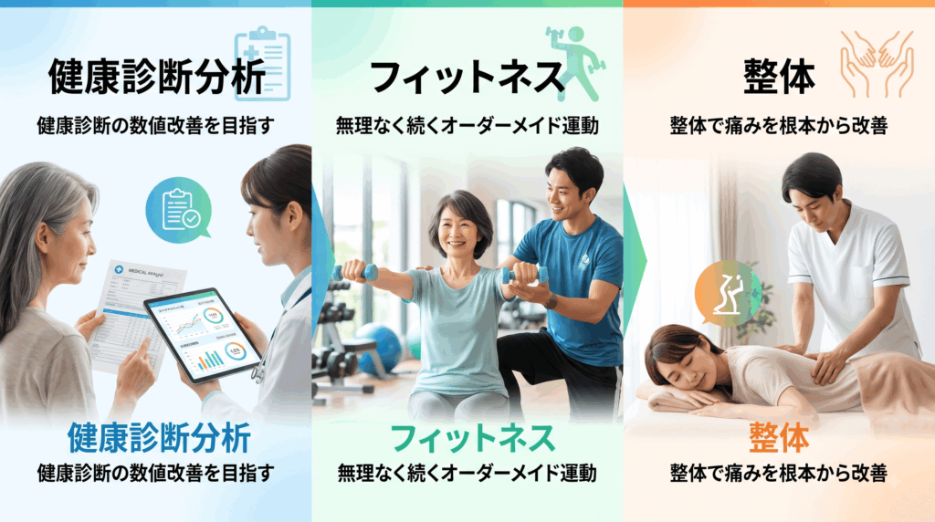 健康診断分析、フィットネス、整体を通じて、あなたの目標達成を最後まで伴走します