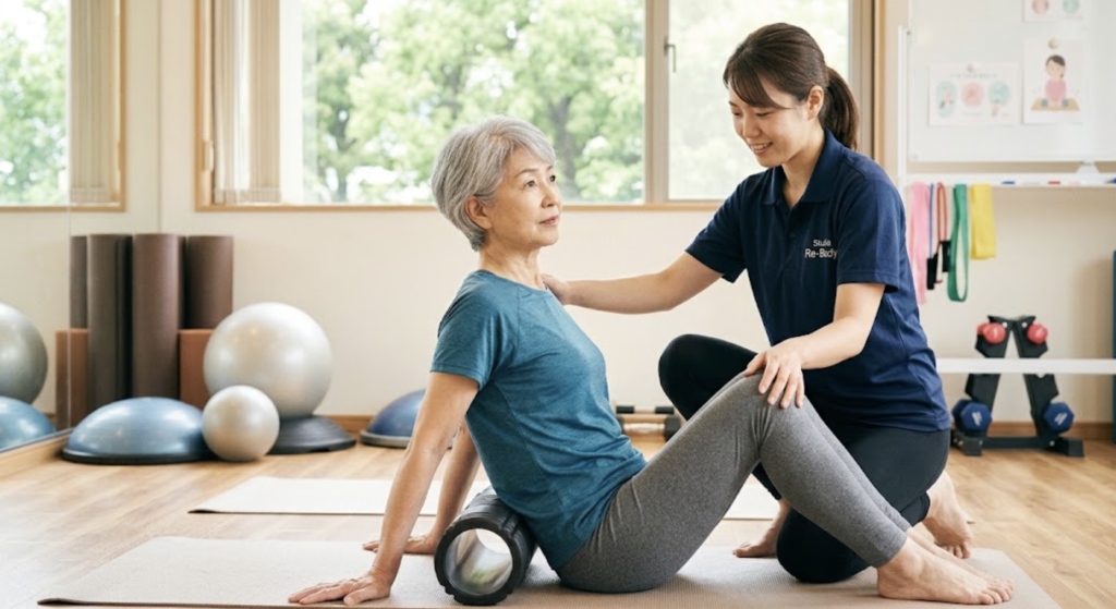 女性トレーナーと姿勢トレーニングに励む60代女性