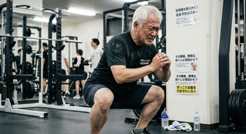 きつい表情でスクワットを行う60代男性