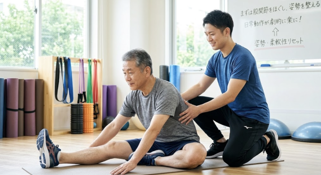 男性トレーナーに指導されながら柔軟トレーニングをする50代男性